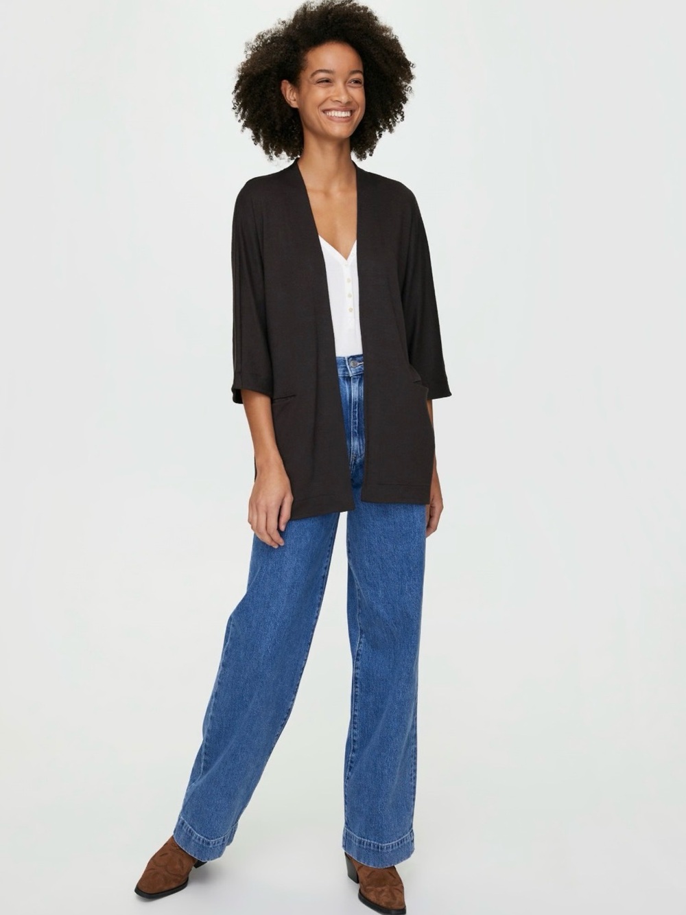 Wilfrid Free Zlata Black Open-Front Three-Quarter Sleeve Cardigan